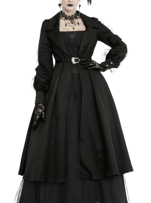 Lapel Metal Buckle Belt Lantern Sleeve Frill Hem Black Gothic Long Coat
