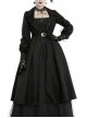 Lapel Metal Buckle Belt Lantern Sleeve Frill Hem Black Gothic Long Coat