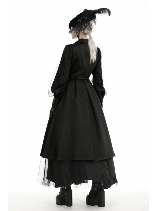 Lapel Metal Buckle Belt Lantern Sleeve Frill Hem Black Gothic Long Coat
