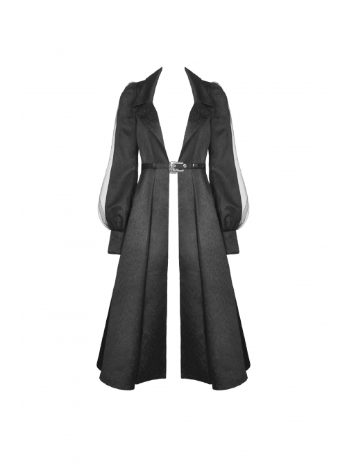 Lapel Metal Buckle Belt Lantern Sleeve Frill Hem Black Gothic Long Coat