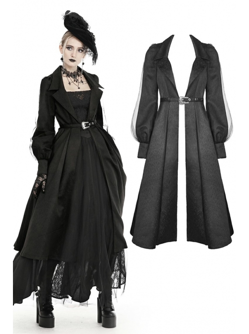 Lapel Metal Buckle Belt Lantern Sleeve Frill Hem Black Gothic Long Coat