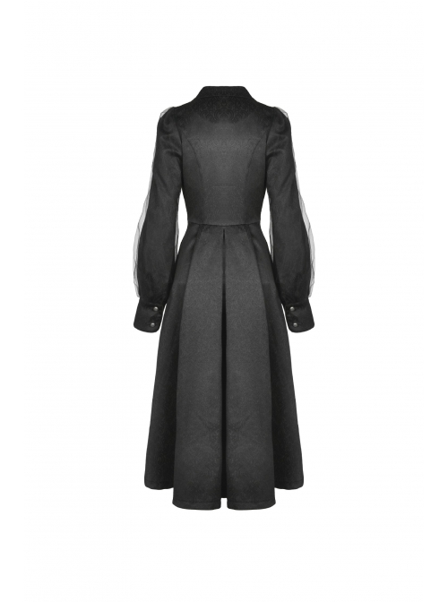 Lapel Metal Buckle Belt Lantern Sleeve Frill Hem Black Gothic Long Coat
