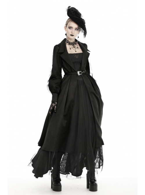 Lapel Metal Buckle Belt Lantern Sleeve Frill Hem Black Gothic Long Coat
