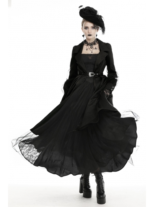 Lapel Metal Buckle Belt Lantern Sleeve Frill Hem Black Gothic Long Coat