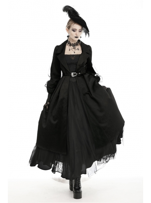 Lapel Metal Buckle Belt Lantern Sleeve Frill Hem Black Gothic Long Coat