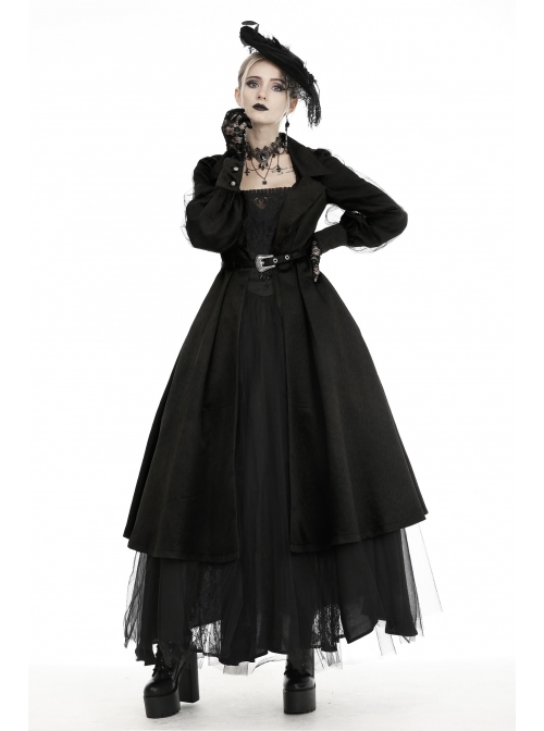 Lapel Metal Buckle Belt Lantern Sleeve Frill Hem Black Gothic Long Coat