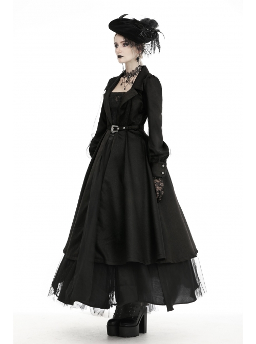 Lapel Metal Buckle Belt Lantern Sleeve Frill Hem Black Gothic Long Coat