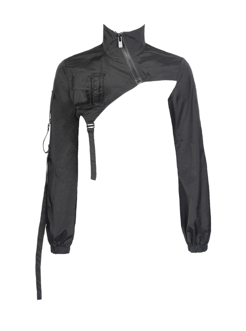 High Collar Oblique Metal Zipper Hasp Strap Long Sleeve Black Punk Short Coat