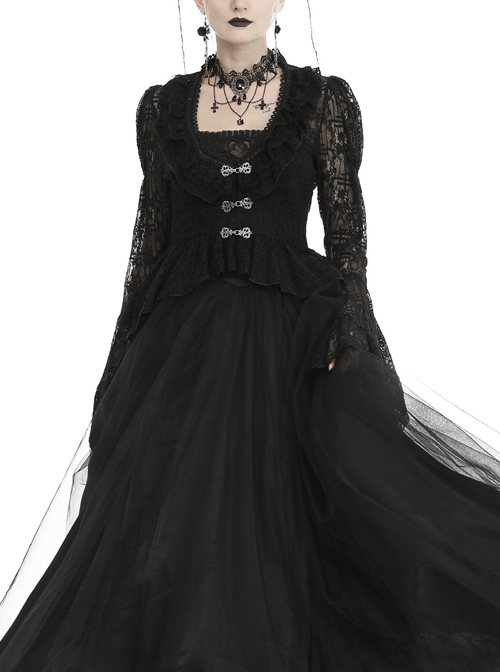 Frill Collar Front Chest Metal Hasp Flare Sleeve Swallowtail Hem Black Gothic Lace Coat