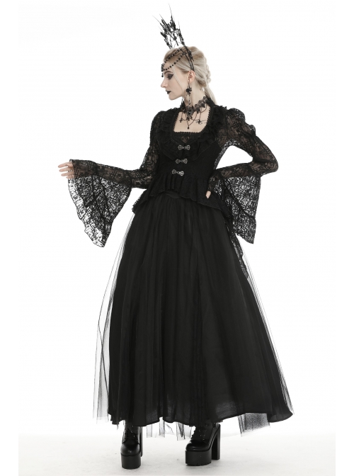 Frill Collar Front Chest Metal Hasp Flare Sleeve Swallowtail Hem Black Gothic Lace Coat