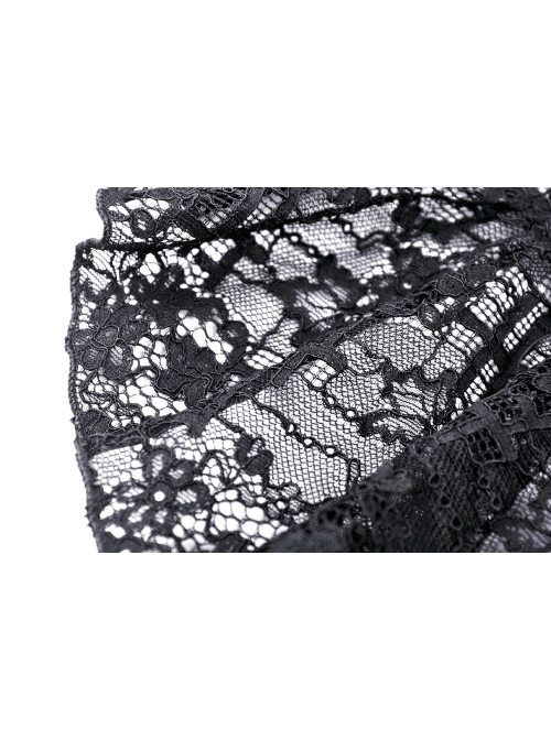 Frill Collar Front Chest Metal Hasp Flare Sleeve Swallowtail Hem Black Gothic Lace Coat