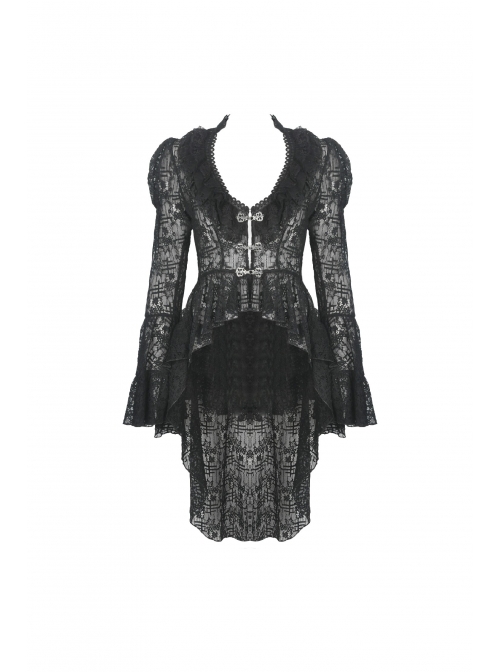 Frill Collar Front Chest Metal Hasp Flare Sleeve Swallowtail Hem Black Gothic Lace Coat