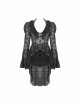 Frill Collar Front Chest Metal Hasp Flare Sleeve Swallowtail Hem Black Gothic Lace Coat