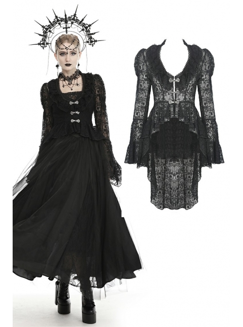Frill Collar Front Chest Metal Hasp Flare Sleeve Swallowtail Hem Black Gothic Lace Coat