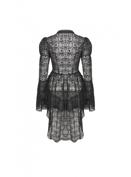 Frill Collar Front Chest Metal Hasp Flare Sleeve Swallowtail Hem Black Gothic Lace Coat