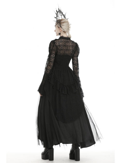 Frill Collar Front Chest Metal Hasp Flare Sleeve Swallowtail Hem Black Gothic Lace Coat