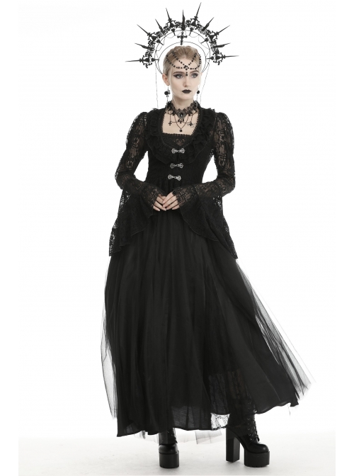 Frill Collar Front Chest Metal Hasp Flare Sleeve Swallowtail Hem Black Gothic Lace Coat