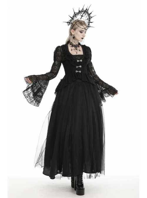 Frill Collar Front Chest Metal Hasp Flare Sleeve Swallowtail Hem Black Gothic Lace Coat