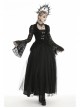 Frill Collar Front Chest Metal Hasp Flare Sleeve Swallowtail Hem Black Gothic Lace Coat