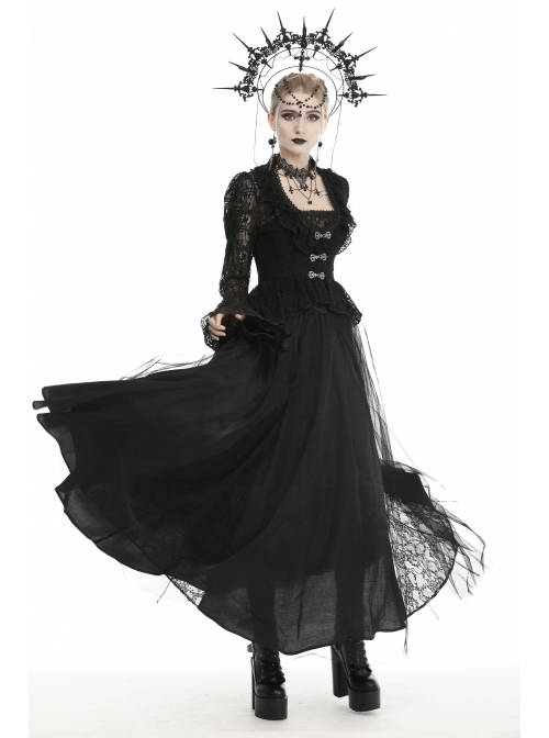 Frill Collar Front Chest Metal Hasp Flare Sleeve Swallowtail Hem Black Gothic Lace Coat