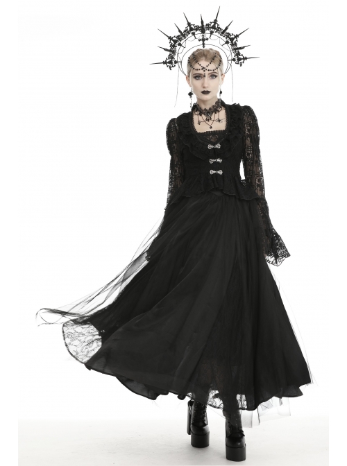 Frill Collar Front Chest Metal Hasp Flare Sleeve Swallowtail Hem Black Gothic Lace Coat