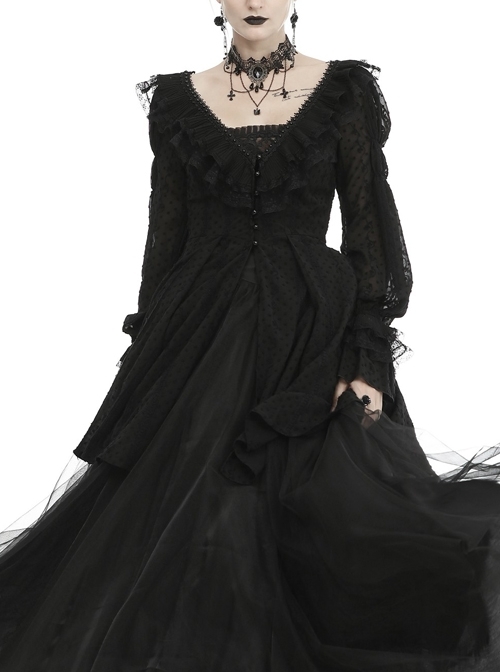 V-Neck Front Bead Button Long Sleeve Lace Cuff Back Lace-Up Black Gothic Chiffon Coat