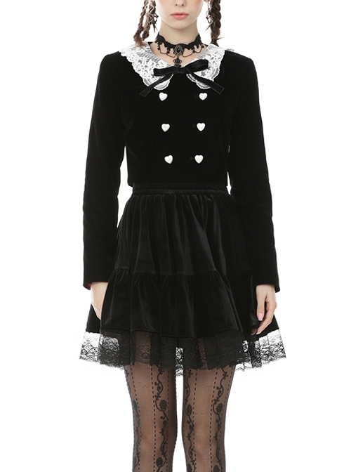 White Lace Doll Collar Front Chest Bow Heart-Shape Button Long Sleeve Black Gothic Short Jacket