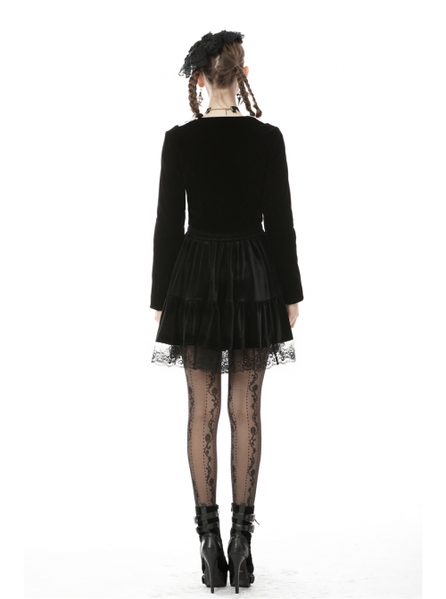 White Lace Doll Collar Front Chest Bow Heart-Shape Button Long Sleeve Black Gothic Short Jacket
