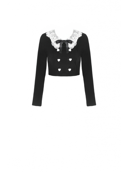 White Lace Doll Collar Front Chest Bow Heart-Shape Button Long Sleeve Black Gothic Short Jacket