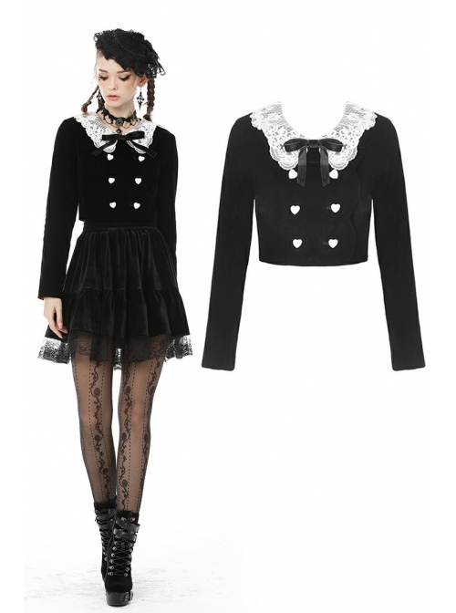 White Lace Doll Collar Front Chest Bow Heart-Shape Button Long Sleeve Black Gothic Short Jacket