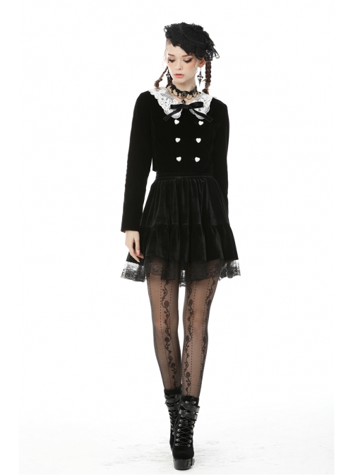 White Lace Doll Collar Front Chest Bow Heart-Shape Button Long Sleeve Black Gothic Short Jacket