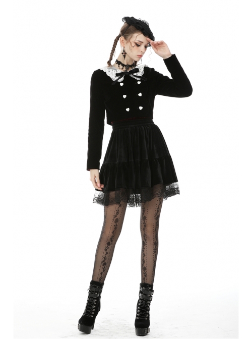 White Lace Doll Collar Front Chest Bow Heart-Shape Button Long Sleeve Black Gothic Short Jacket