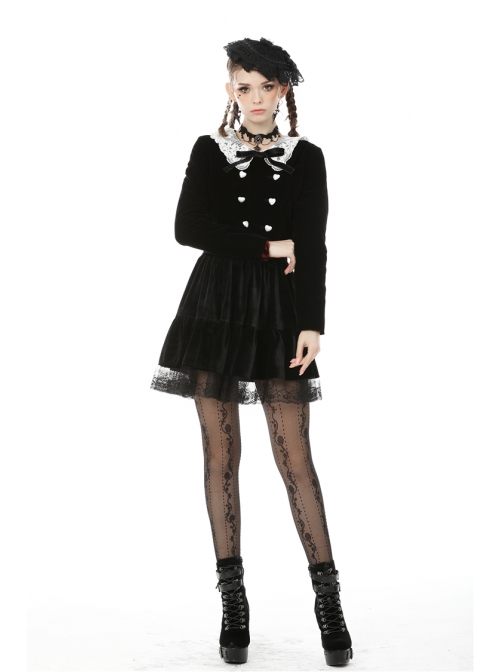 White Lace Doll Collar Front Chest Bow Heart-Shape Button Long Sleeve Black Gothic Short Jacket
