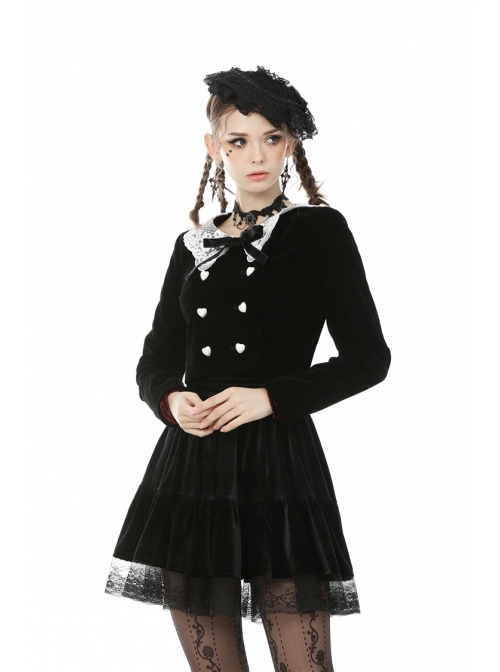 White Lace Doll Collar Front Chest Bow Heart-Shape Button Long Sleeve Black Gothic Short Jacket