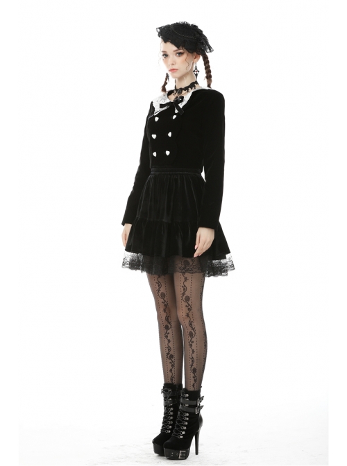 White Lace Doll Collar Front Chest Bow Heart-Shape Button Long Sleeve Black Gothic Short Jacket