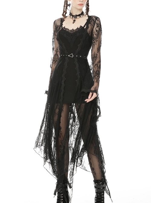 Black Metal Eyelets Belt Flare Sleeve Gothic Long Lace Coat