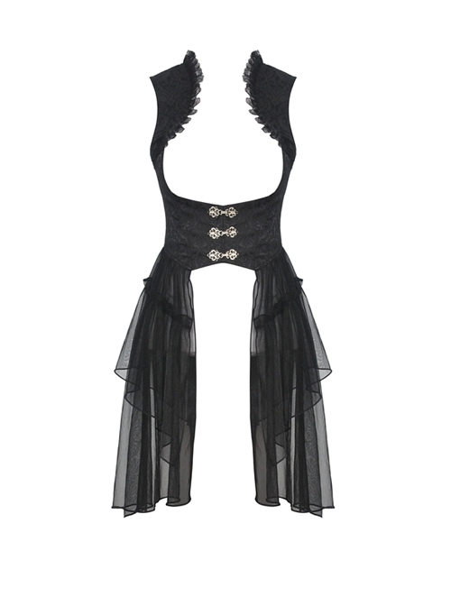 Frill Collar Front Metal Retro Hasp Sleeveless Back Waist Lace-Up Lace Fishtail Hem Black Gothic Coat
