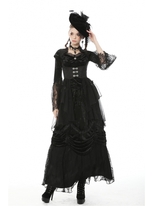 Frill Collar Front Metal Retro Hasp Sleeveless Back Waist Lace-Up Lace Fishtail Hem Black Gothic Coat