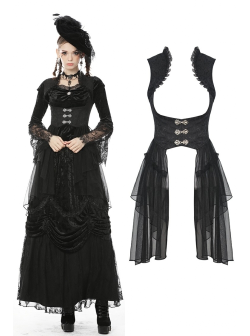Frill Collar Front Metal Retro Hasp Sleeveless Back Waist Lace-Up Lace Fishtail Hem Black Gothic Coat
