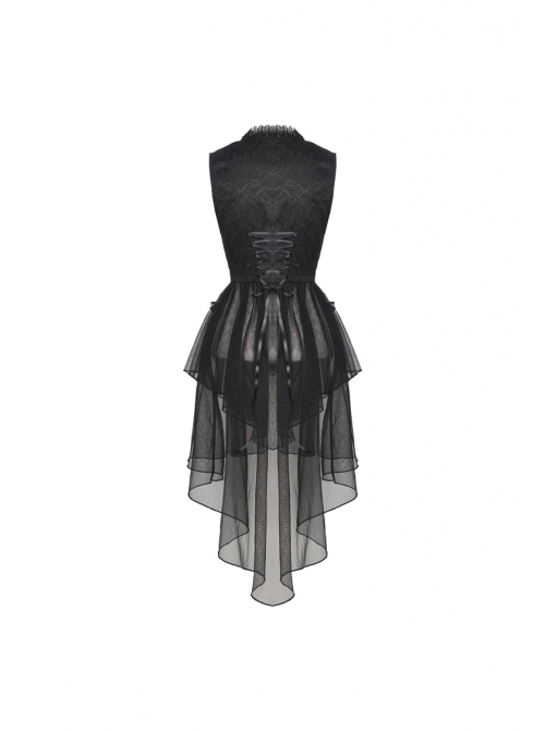 Frill Collar Front Metal Retro Hasp Sleeveless Back Waist Lace-Up Lace Fishtail Hem Black Gothic Coat