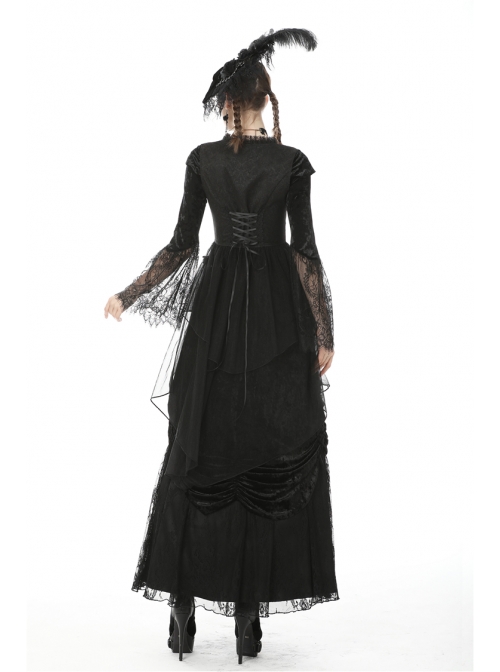 Frill Collar Front Metal Retro Hasp Sleeveless Back Waist Lace-Up Lace Fishtail Hem Black Gothic Coat