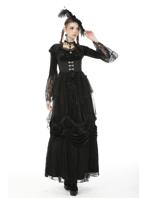 Frill Collar Front Metal Retro Hasp Sleeveless Back Waist Lace-Up Lace Fishtail Hem Black Gothic Coat