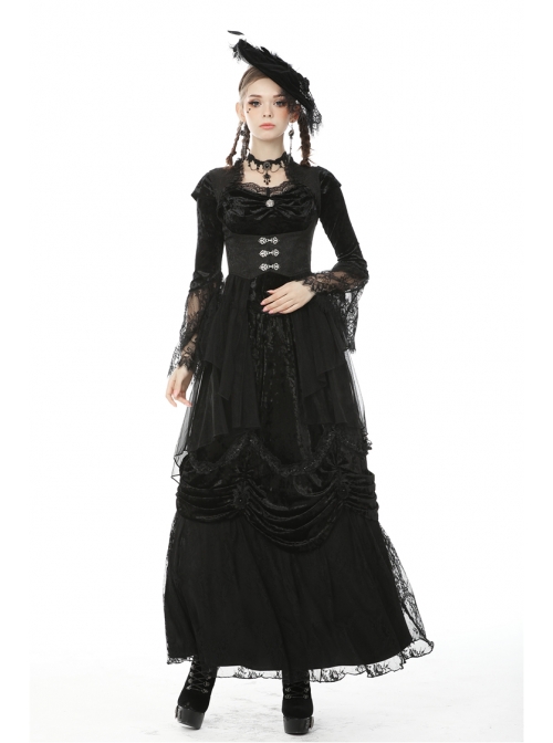 Frill Collar Front Metal Retro Hasp Sleeveless Back Waist Lace-Up Lace Fishtail Hem Black Gothic Coat
