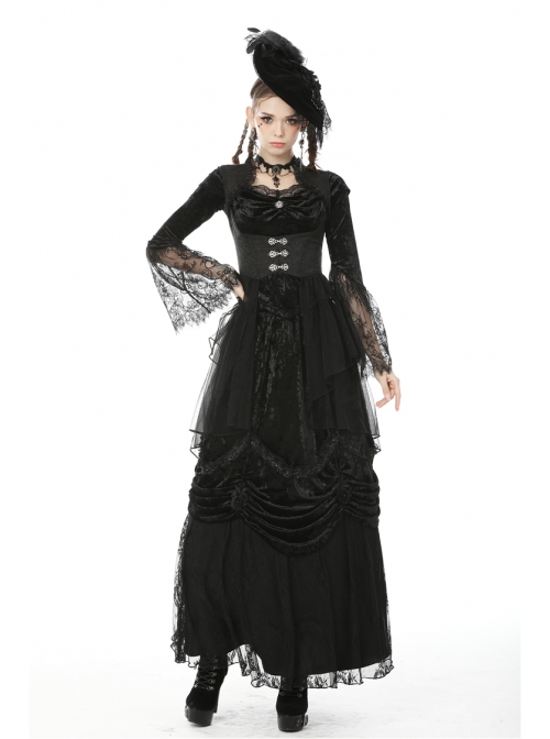 Frill Collar Front Metal Retro Hasp Sleeveless Back Waist Lace-Up Lace Fishtail Hem Black Gothic Coat