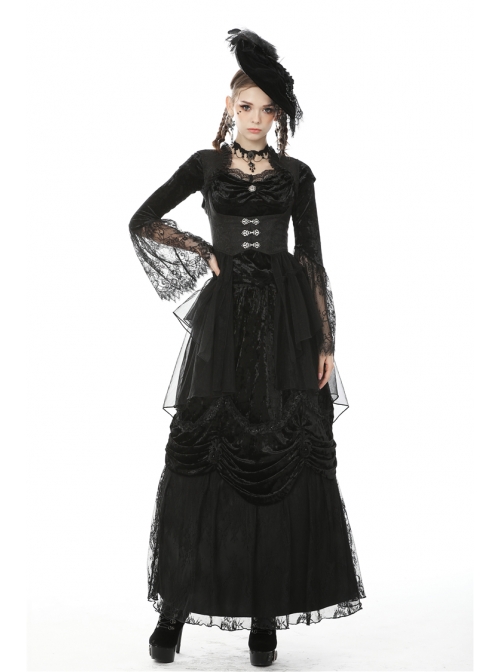 Frill Collar Front Metal Retro Hasp Sleeveless Back Waist Lace-Up Lace Fishtail Hem Black Gothic Coat