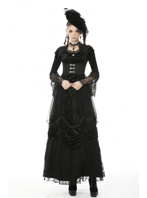 Frill Collar Front Metal Retro Hasp Sleeveless Back Waist Lace-Up Lace Fishtail Hem Black Gothic Coat