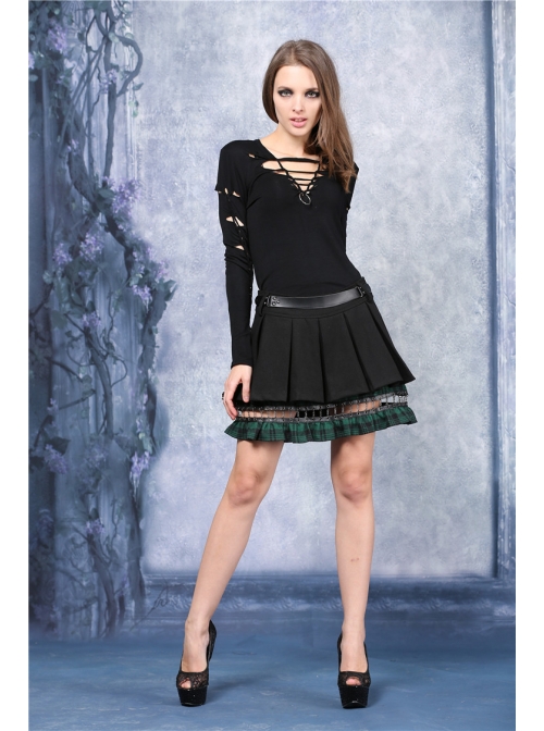 Metal Nail Strap Green Plaids Hem Black Punk Pleated Skirt