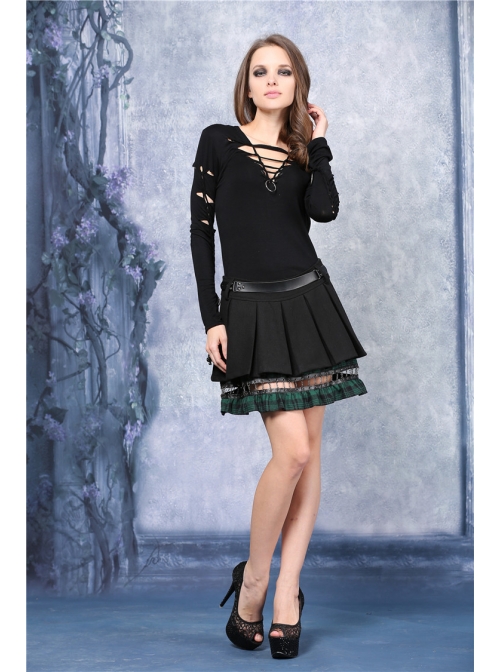 Metal Nail Strap Green Plaids Hem Black Punk Pleated Skirt