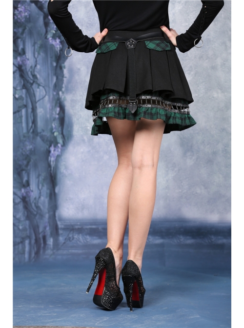 Metal Nail Strap Green Plaids Hem Black Punk Pleated Skirt