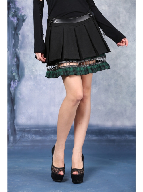 Metal Nail Strap Green Plaids Hem Black Punk Pleated Skirt